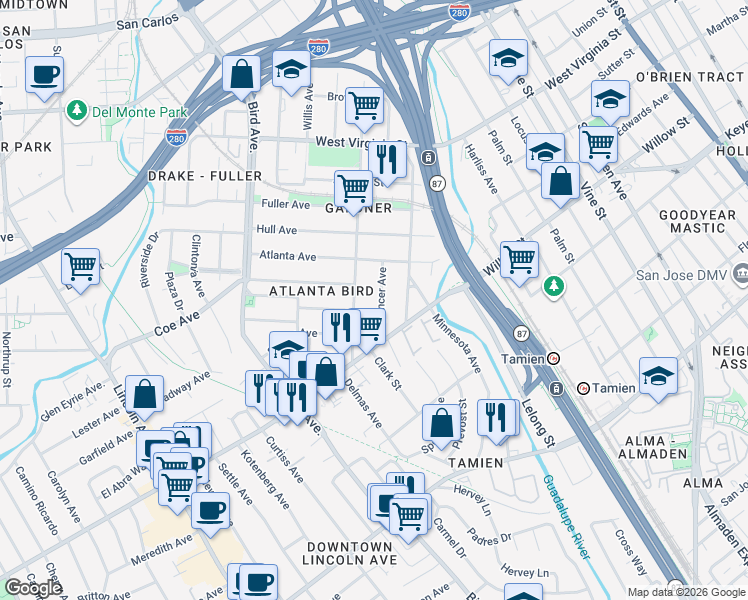 map of restaurants, bars, coffee shops, grocery stores, and more near 1003 Spencer Avenue in San Jose
