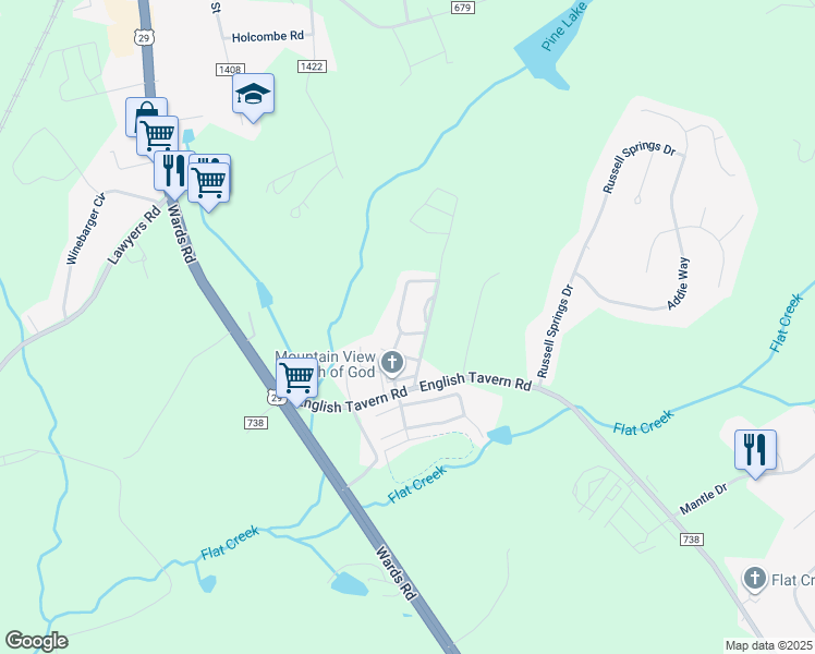 map of restaurants, bars, coffee shops, grocery stores, and more near 61 Old Tavern Circle in Lynchburg