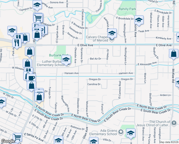 map of restaurants, bars, coffee shops, grocery stores, and more near 1011 Oregon Drive in Merced