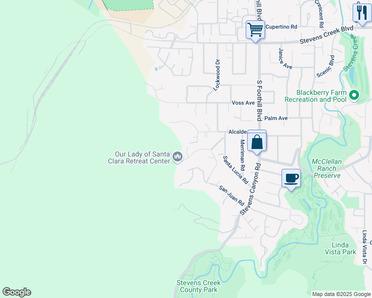 map of restaurants, bars, coffee shops, grocery stores, and more near 22790 Mercedes Road in Cupertino