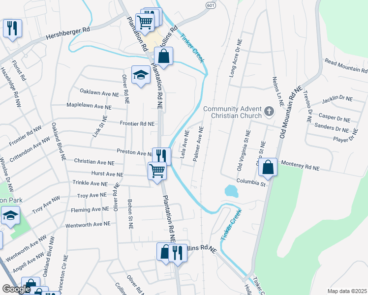 map of restaurants, bars, coffee shops, grocery stores, and more near 4365 Lela Avenue Northeast in Roanoke
