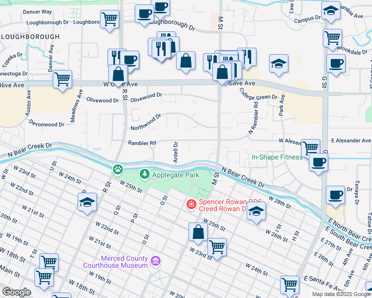 map of restaurants, bars, coffee shops, grocery stores, and more near 2875 Evergreen Road in Merced