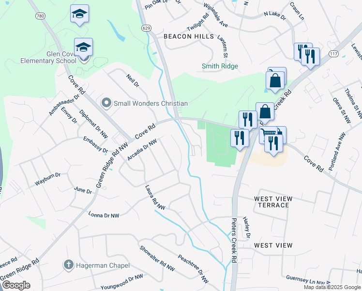 map of restaurants, bars, coffee shops, grocery stores, and more near 2441 Meadowbrook Road Northwest in Roanoke