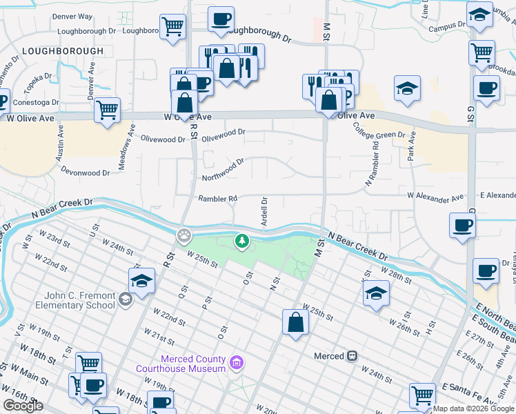 map of restaurants, bars, coffee shops, grocery stores, and more near 2875 Ardell Drive in Merced