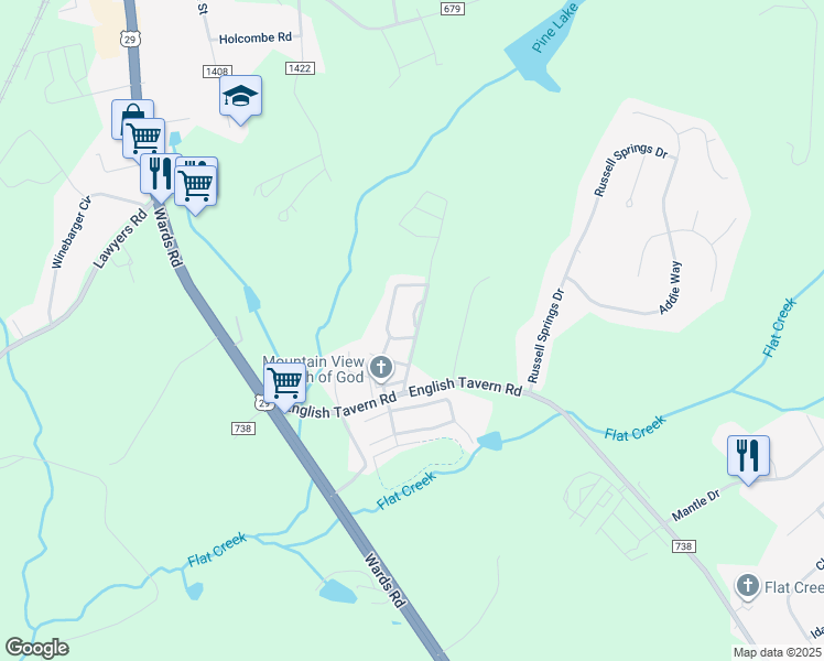 map of restaurants, bars, coffee shops, grocery stores, and more near 27 Old Tavern Circle in Lynchburg