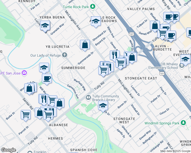 map of restaurants, bars, coffee shops, grocery stores, and more near 995 Tully Road in San Jose