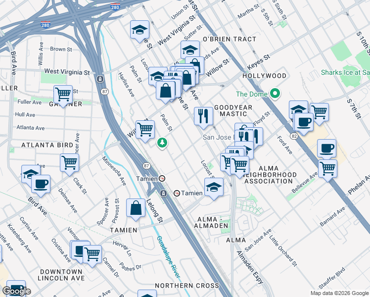 map of restaurants, bars, coffee shops, grocery stores, and more near 1222 Palm Street in San Jose