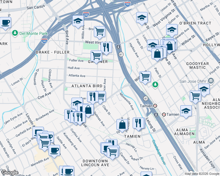 map of restaurants, bars, coffee shops, grocery stores, and more near 517 Willow Street in San Jose