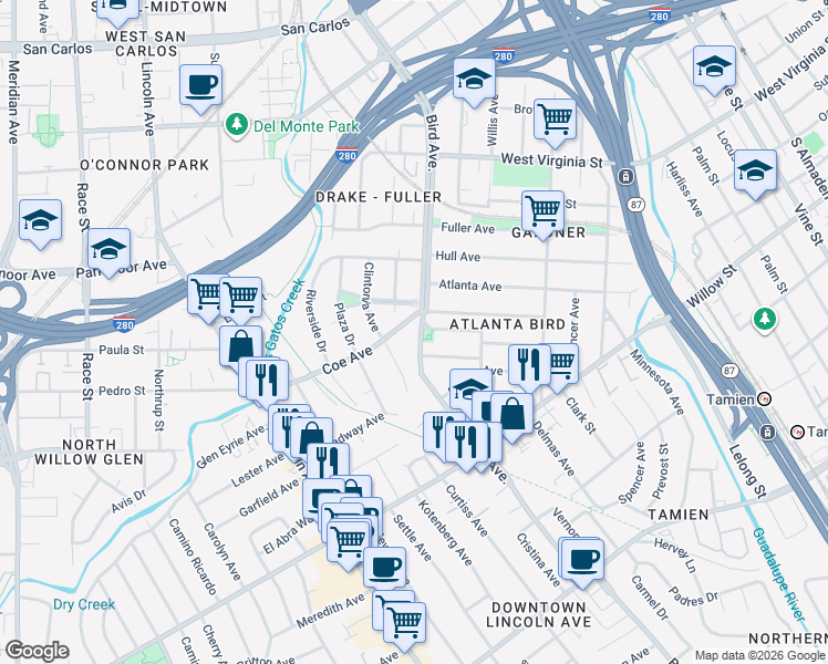 map of restaurants, bars, coffee shops, grocery stores, and more near 1018 Clintonia Avenue in San Jose