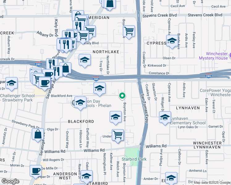 map of restaurants, bars, coffee shops, grocery stores, and more near 3801 Blackford Avenue in San Jose