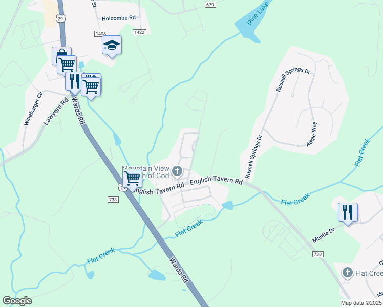 map of restaurants, bars, coffee shops, grocery stores, and more near 27 Old Tavern Circle in Lynchburg