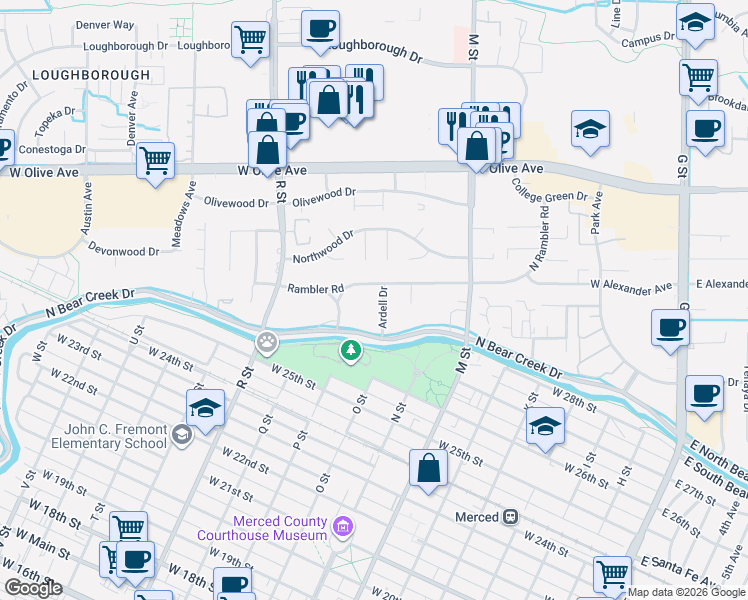 map of restaurants, bars, coffee shops, grocery stores, and more near 2875 Ardell Drive in Merced
