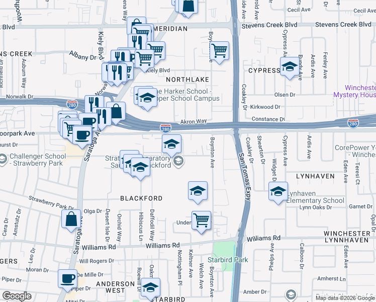 map of restaurants, bars, coffee shops, grocery stores, and more near 3801 Blackford Avenue in San Jose
