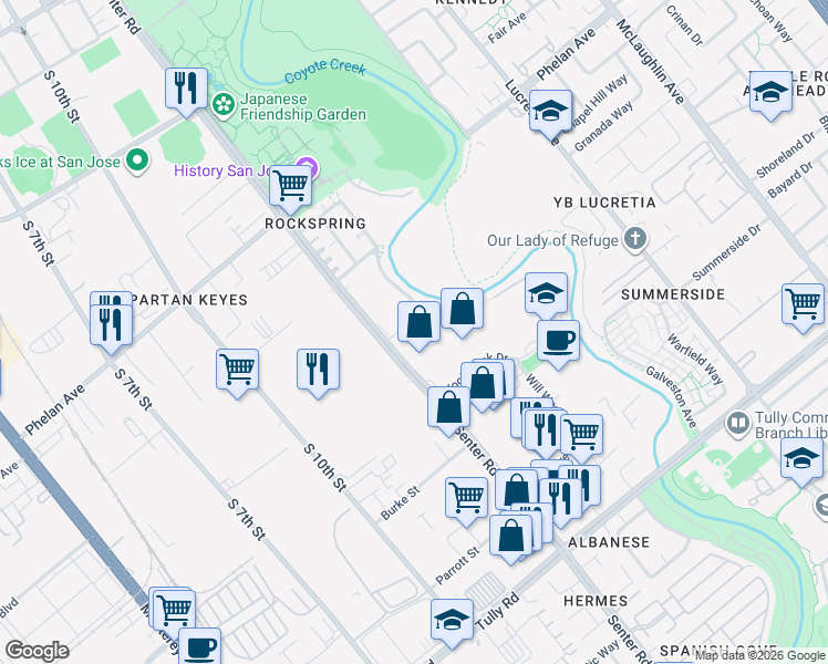 map of restaurants, bars, coffee shops, grocery stores, and more near 1908 Senter Road in San Jose