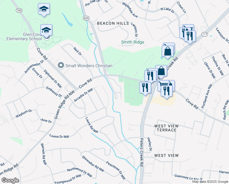 map of restaurants, bars, coffee shops, grocery stores, and more near 5218 Lancelot Lane Northwest in Roanoke