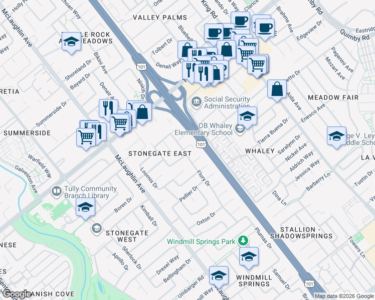 map of restaurants, bars, coffee shops, grocery stores, and more near 1326 Sippola Way in San Jose