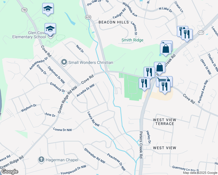 map of restaurants, bars, coffee shops, grocery stores, and more near 2441 Meadowbrook Road Northwest in Roanoke
