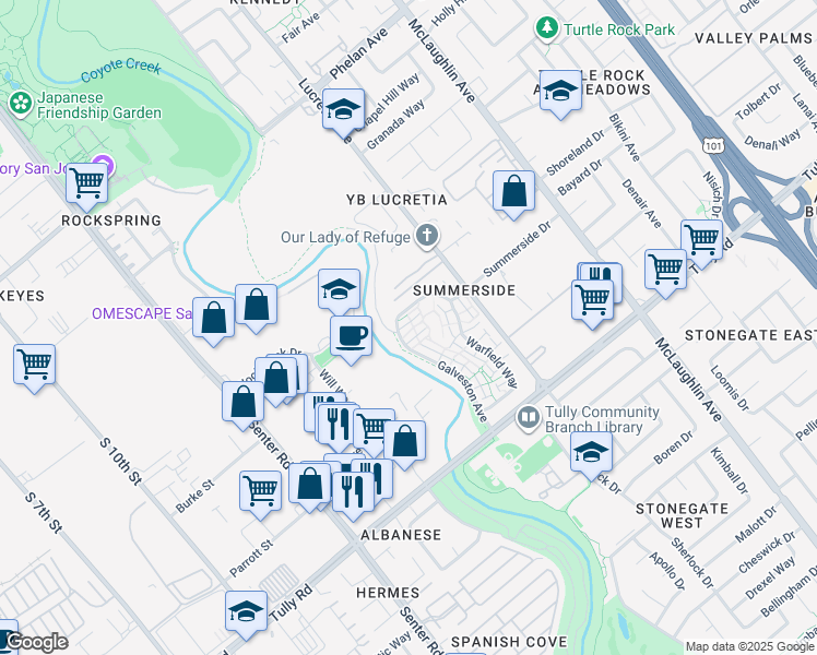 map of restaurants, bars, coffee shops, grocery stores, and more near 2122 Galveston Avenue in San Jose
