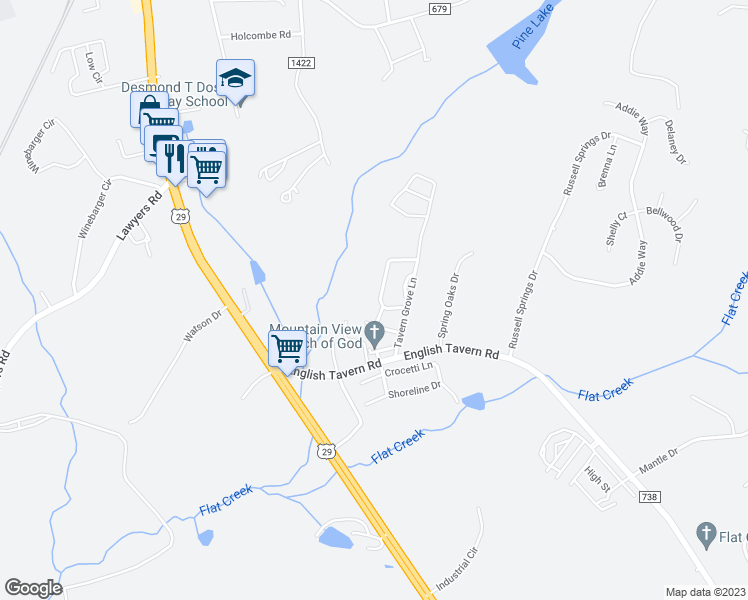 map of restaurants, bars, coffee shops, grocery stores, and more near 74 Old Tavern Circle in Lynchburg