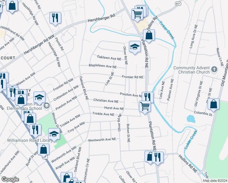 map of restaurants, bars, coffee shops, grocery stores, and more near 232 Preston Avenue Northeast in Roanoke