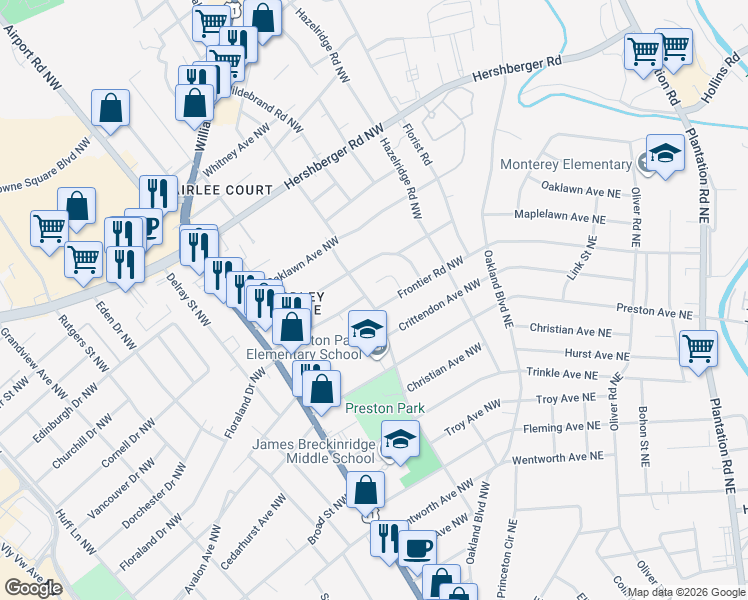 map of restaurants, bars, coffee shops, grocery stores, and more near 4301-4369 Winsloe Drive Northwest in Roanoke