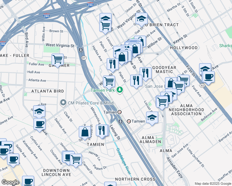 map of restaurants, bars, coffee shops, grocery stores, and more near 452 Goodyear Street in San Jose