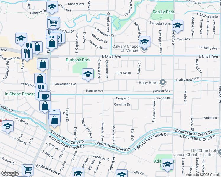 map of restaurants, bars, coffee shops, grocery stores, and more near 891 Hansen Avenue in Merced