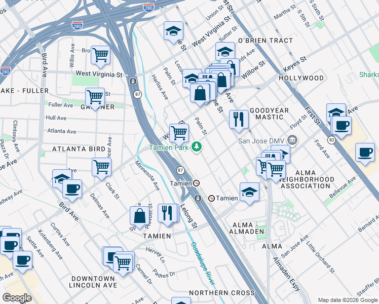 map of restaurants, bars, coffee shops, grocery stores, and more near 452 Goodyear Street in San Jose