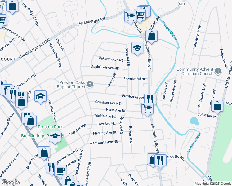 map of restaurants, bars, coffee shops, grocery stores, and more near 232 Preston Avenue Northeast in Roanoke