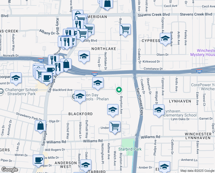 map of restaurants, bars, coffee shops, grocery stores, and more near 3801 Blackford Avenue in San Jose