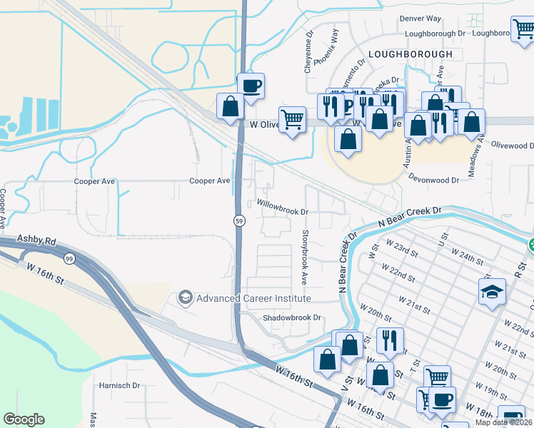 map of restaurants, bars, coffee shops, grocery stores, and more near 2926 Willowbrook Drive in Merced