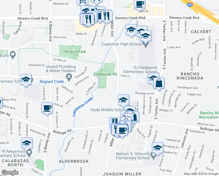 map of restaurants, bars, coffee shops, grocery stores, and more near 19512 Howard Court in Cupertino