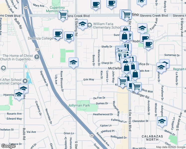 map of restaurants, bars, coffee shops, grocery stores, and more near 20882 Cherryland Drive in Cupertino