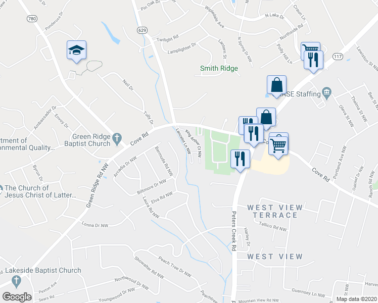 map of restaurants, bars, coffee shops, grocery stores, and more near 5214 Lancelot Lane Northwest in Roanoke