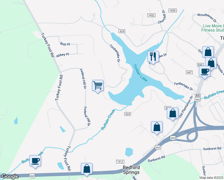map of restaurants, bars, coffee shops, grocery stores, and more near 2070 Timberlake Drive in Lynchburg