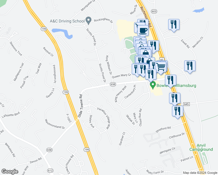 map of restaurants, bars, coffee shops, grocery stores, and more near 5504 Scotts Pond Drive in Williamsburg
