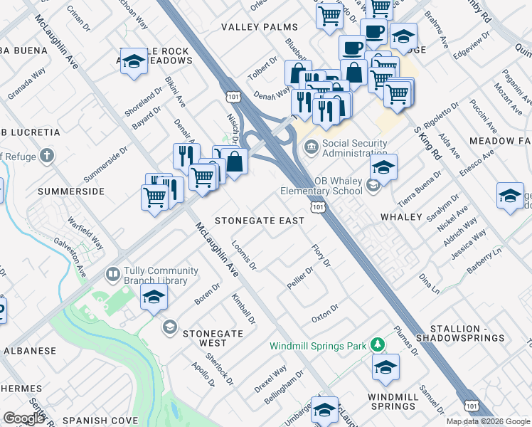 map of restaurants, bars, coffee shops, grocery stores, and more near 2474 Roslyn Court in San Jose