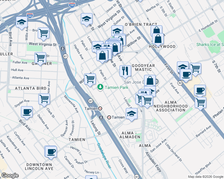 map of restaurants, bars, coffee shops, grocery stores, and more near 1165 Locust Street in San Jose
