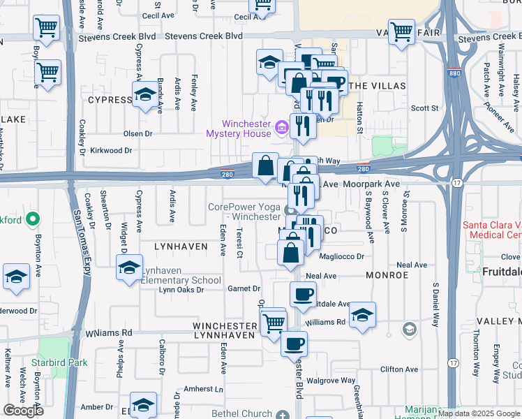map of restaurants, bars, coffee shops, grocery stores, and more near 3201 Riddle Road in San Jose