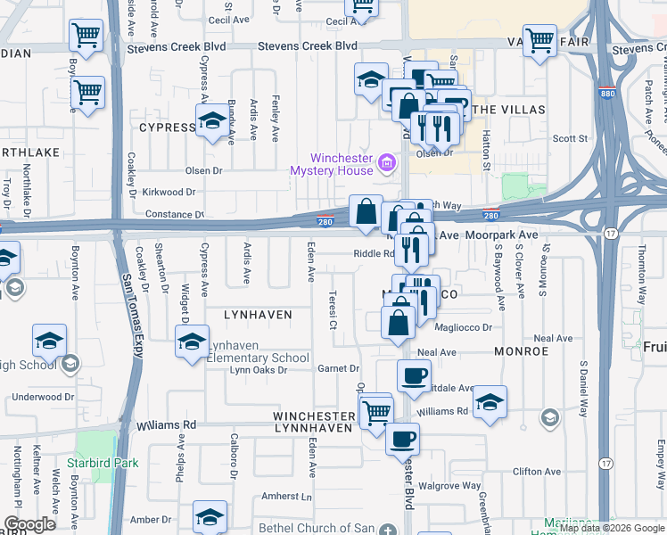 map of restaurants, bars, coffee shops, grocery stores, and more near 3201 Riddle Road in San Jose