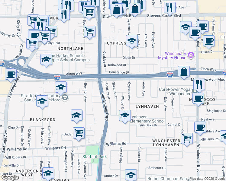 map of restaurants, bars, coffee shops, grocery stores, and more near 634 Shearton Drive in San Jose