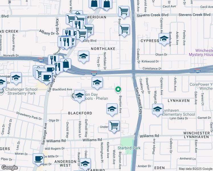 map of restaurants, bars, coffee shops, grocery stores, and more near 3796 Bertini Court in San Jose
