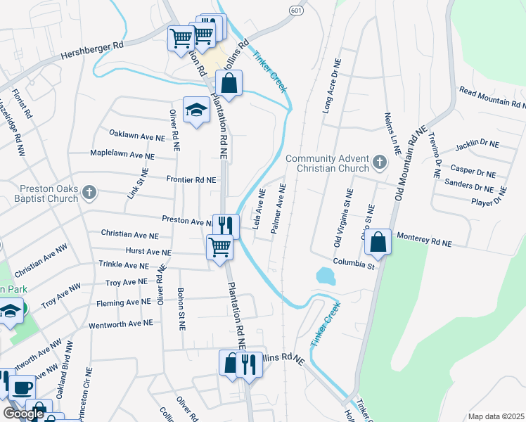 map of restaurants, bars, coffee shops, grocery stores, and more near 4413 Lela Avenue Northeast in Roanoke