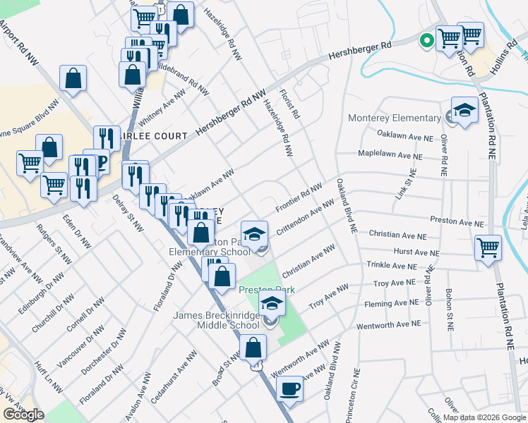 map of restaurants, bars, coffee shops, grocery stores, and more near 4429 Harford Circle Northwest in Roanoke