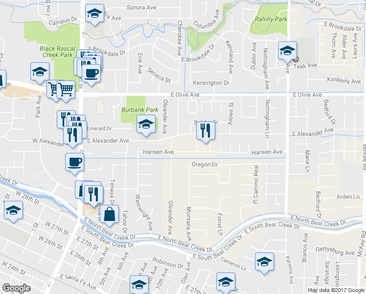 map of restaurants, bars, coffee shops, grocery stores, and more near 891 Hansen Avenue in Merced