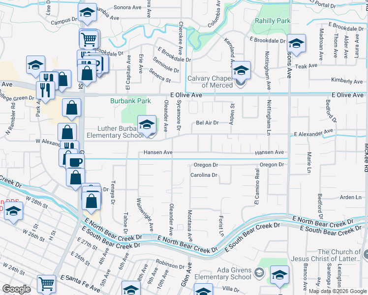 map of restaurants, bars, coffee shops, grocery stores, and more near 890 East Alexander Avenue in Merced