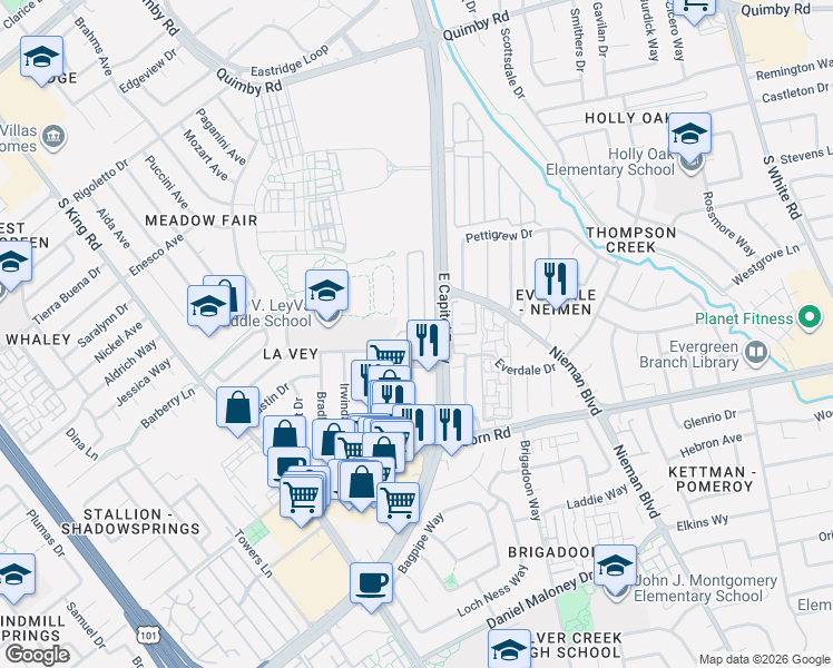 map of restaurants, bars, coffee shops, grocery stores, and more near 2901 Moss Hollow Drive in San Jose