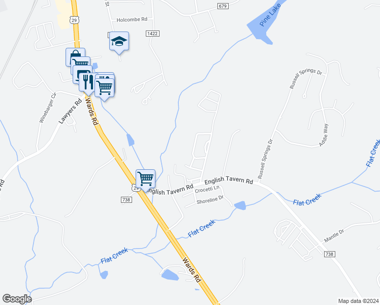 map of restaurants, bars, coffee shops, grocery stores, and more near 78 Old Tavern Circle in Lynchburg
