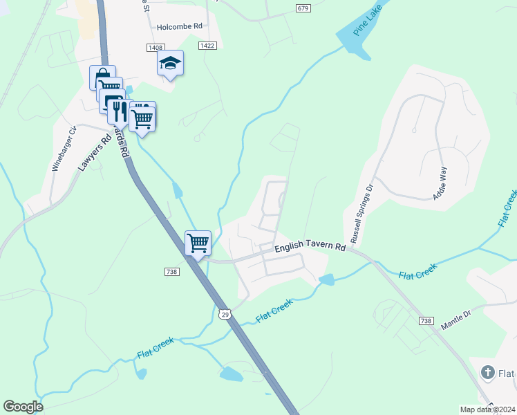 map of restaurants, bars, coffee shops, grocery stores, and more near 78 Old Tavern Circle in Lynchburg