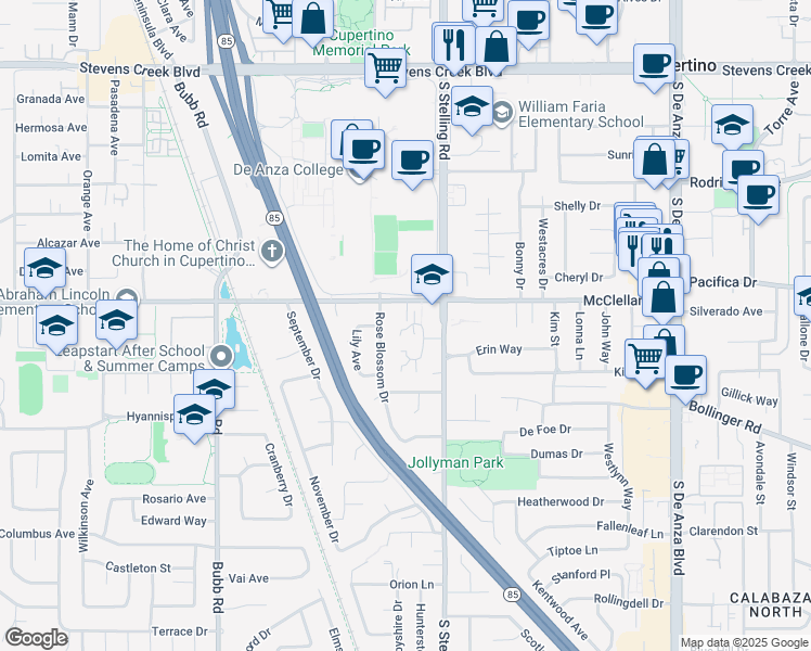 map of restaurants, bars, coffee shops, grocery stores, and more near 21089 Red Fir Court in Cupertino